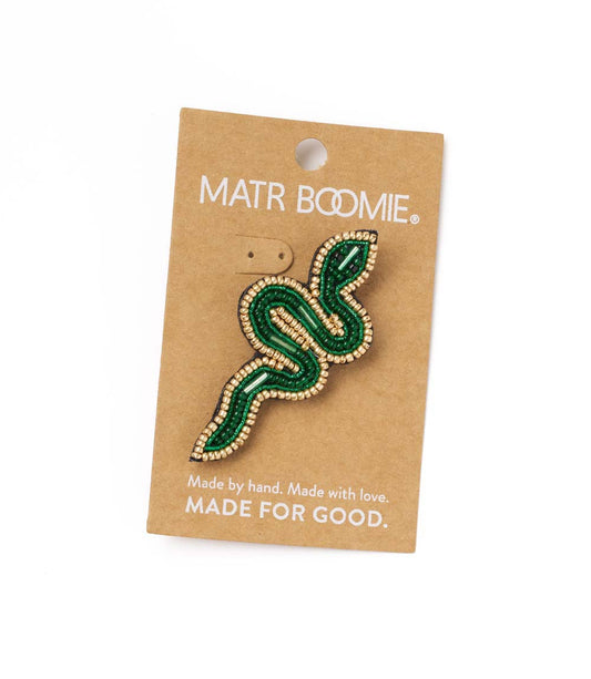Bala Mani Beaded Green Snake Brooch Pin - Handmade