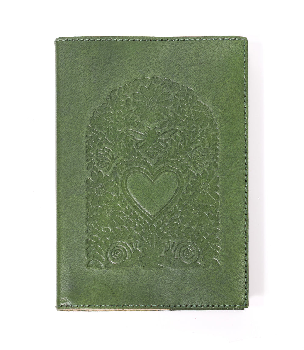 Floral Heart Embossed Green Leather Journal - Refillable Notebook