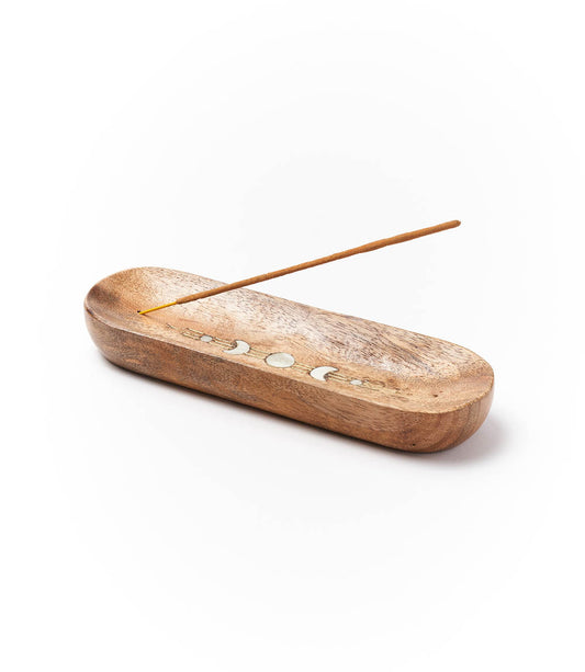 Indukala Moon Phase Double Trinket Dish Incense Holder - Wood, Mother of Pearl