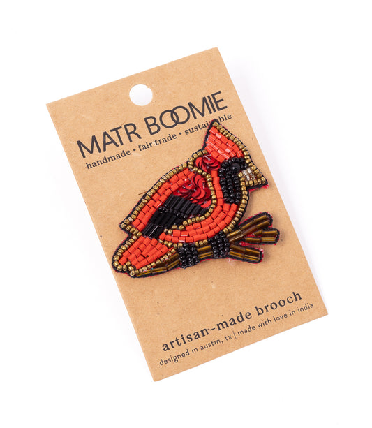 Bala Mani Beaded Cardinal Brooch Pin - Handmade