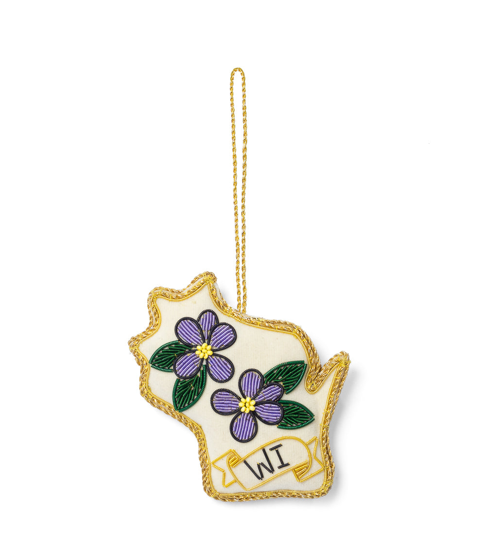 Wisconsin State Violet Beaded Ornament - Hand Embroidered