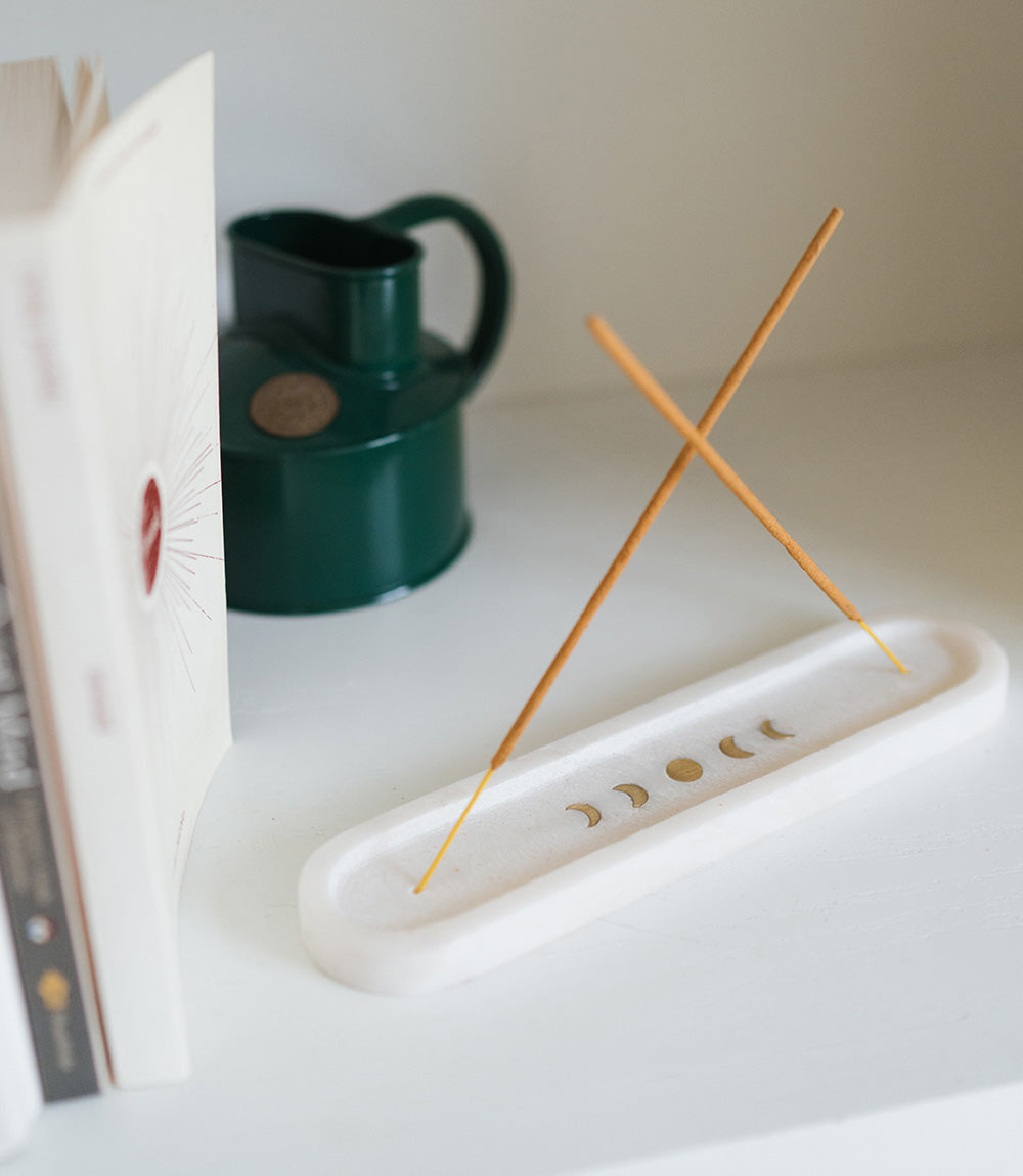 Indukala Moon Phase Trinket Dish Incense Holder - White Carved Marble