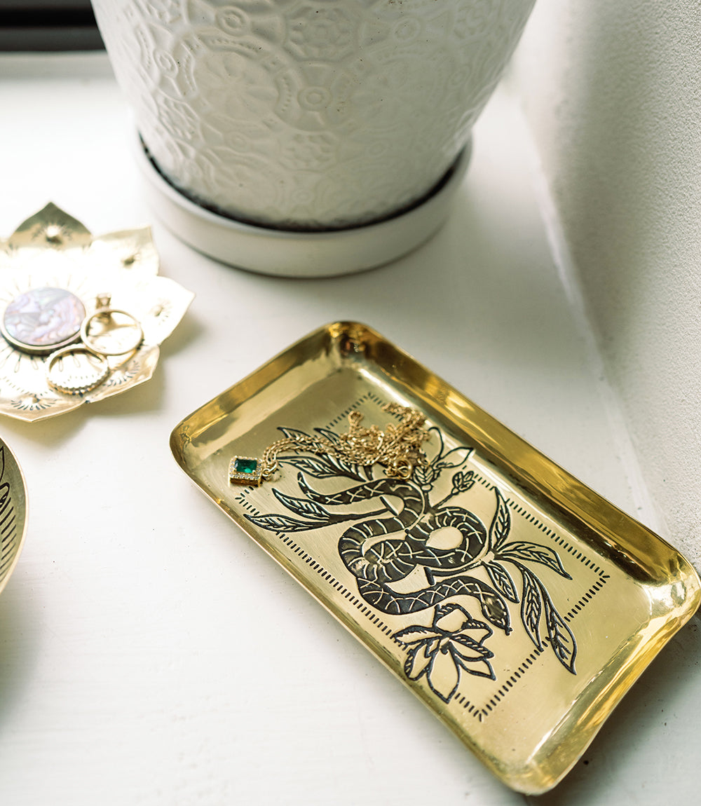Saanp Snake Rectangular Catch-all Tray - Etched Brass