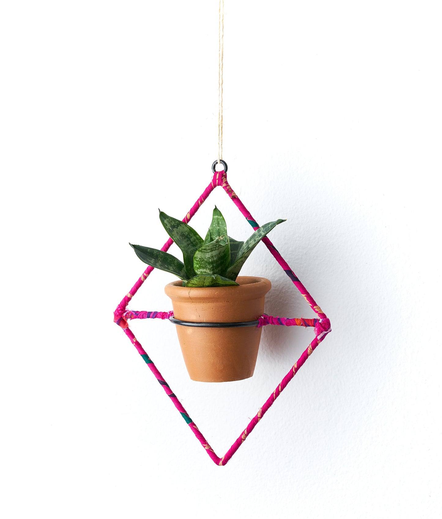Upcycled Sari Wrapped Hanging Planter with Terracotta Plant Pot - Diamond | Garden | Matr Boomie
